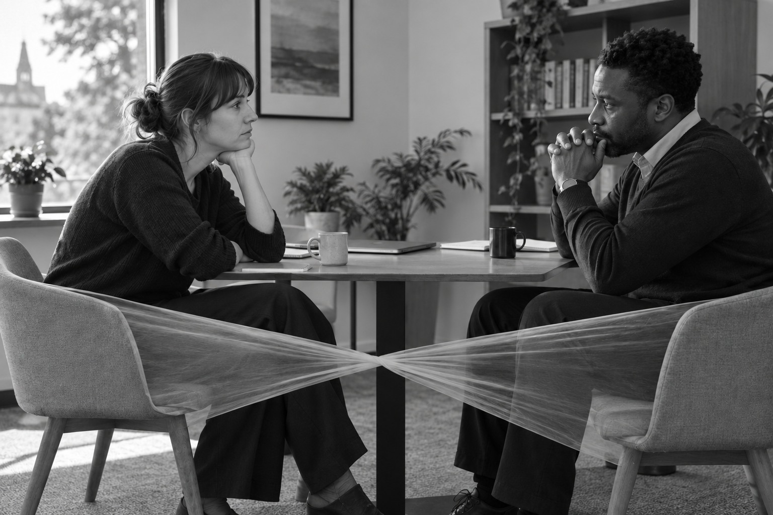 Two colleagues sit across a table while translucent fabric gathers tightly between their chairs.