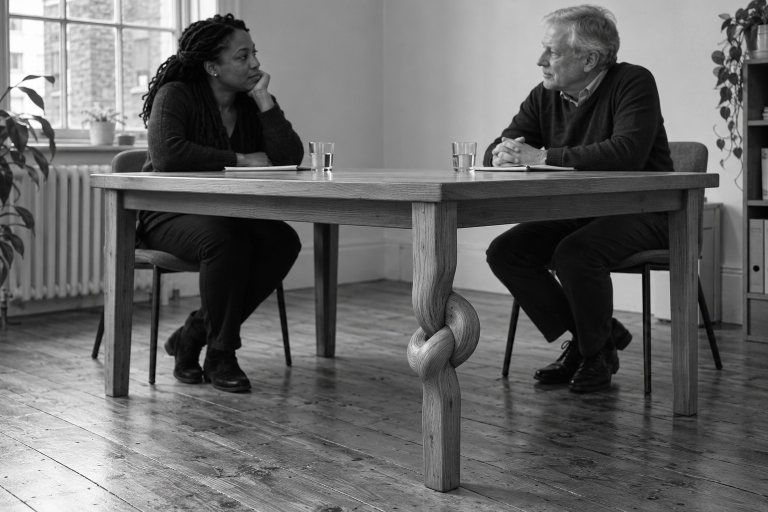 Two colleagues sit at a plain meeting table whose front wooden leg forms a knot beneath the otherwise clear tabletop.