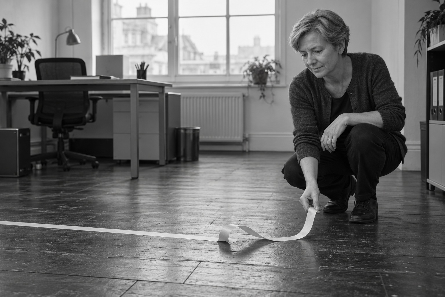 A woman crouches in an office beside a tape line that lifts from the floor and curls loosely near her hand.