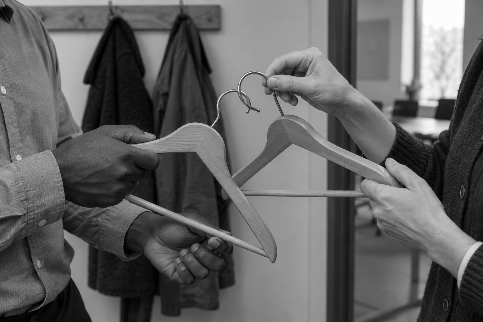 Two colleagues hold wooden coat hangers with their metal hooks caught together.