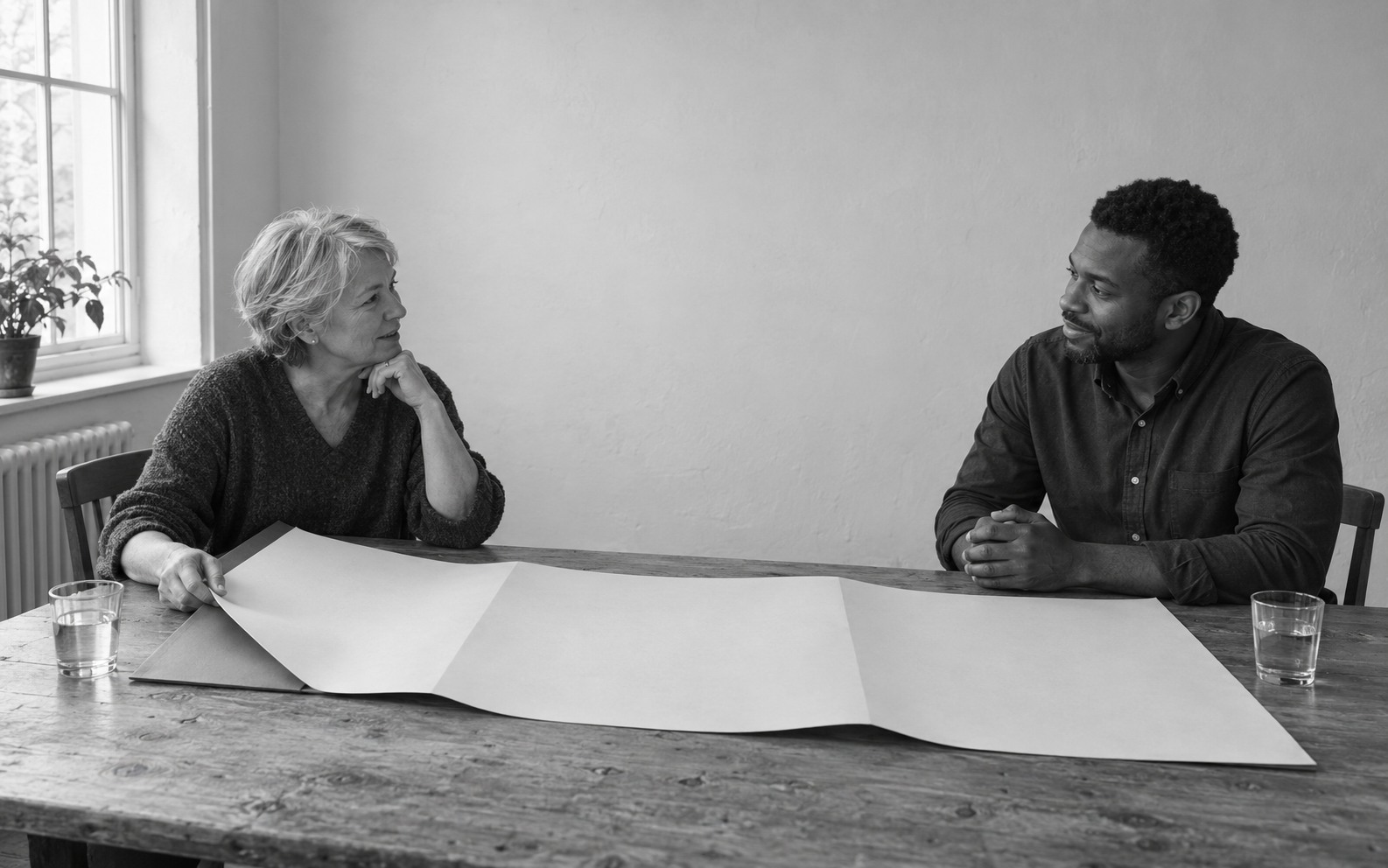 Two adults sit across a wooden table with a broad blank sheet of folded paper between them.