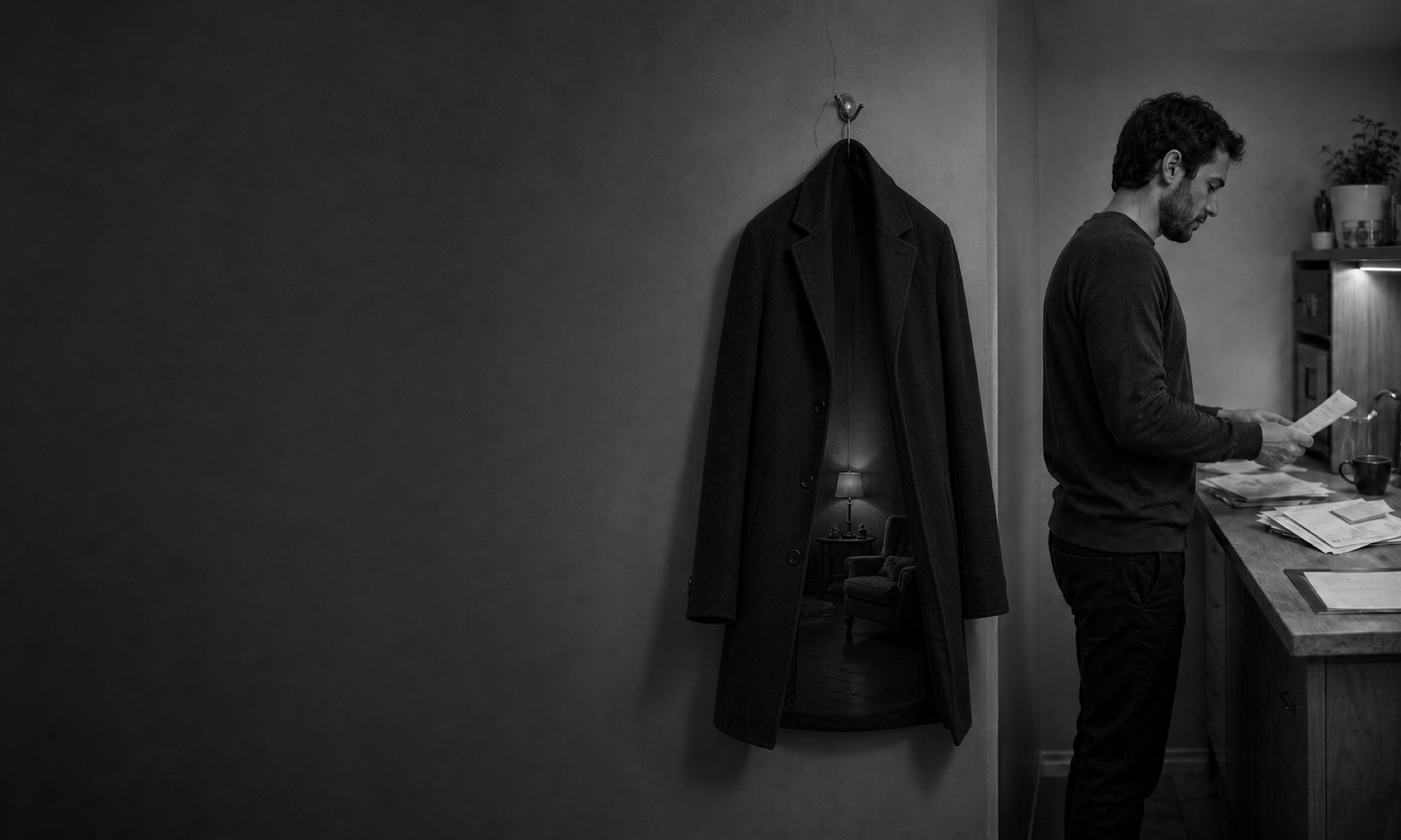 A man stands at a desk reading a letter. On the wall beside him a heavy overcoat hangs from a hook, and a small lamp glows inside it as if it were still being worn.