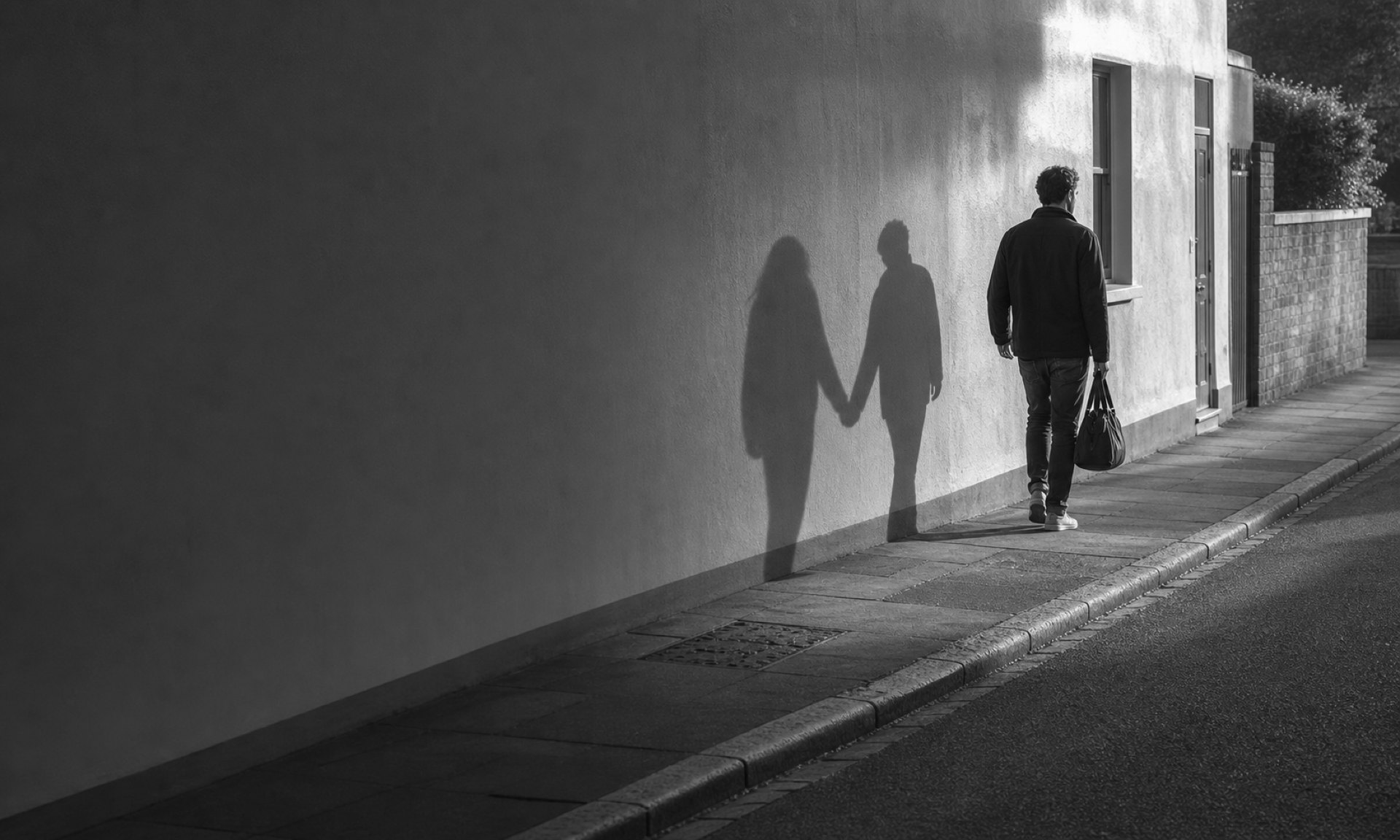 A man walks alone along a sunlit pavement carrying a bag. On the wall beside him his shadow walks hand in hand with a second shadow that has no one casting it.