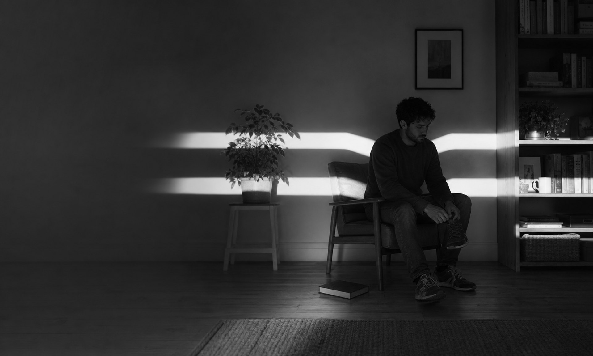 A man sits hunched on a chair in a dim study with his hands clasped. Two bars of window light cross the room and the shelves behind him; a book lies closed on the floor.
