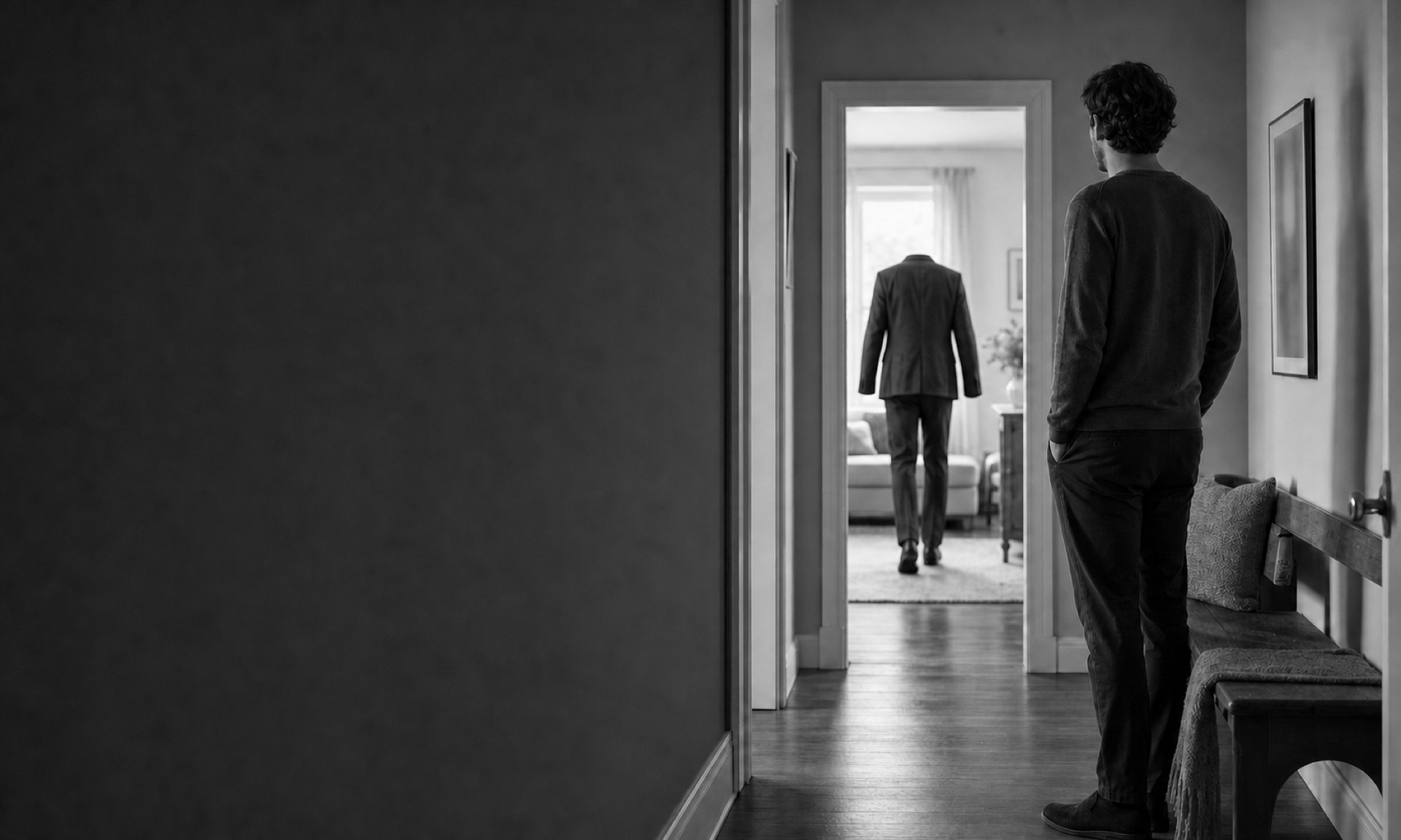 A man in a jumper stands in a hallway with his hands in his pockets, looking through a doorway. In the lit room beyond, a suit jacket and trousers walk away from him with no one inside them.