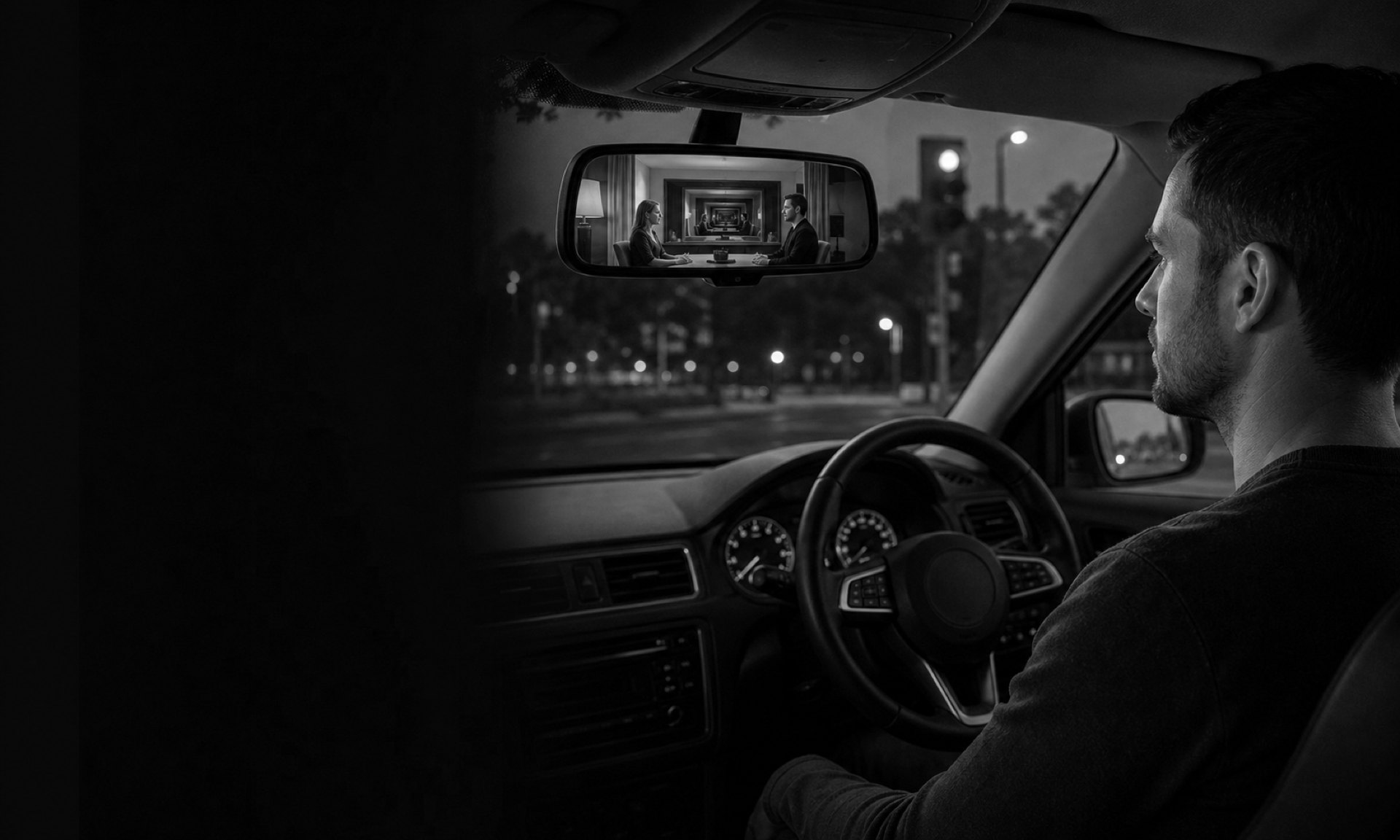 A man drives through a city at night. In the rear-view mirror a lit room shows a woman and a man sitting facing each other across a low table, and behind them the same room repeats smaller and smaller into the distance.