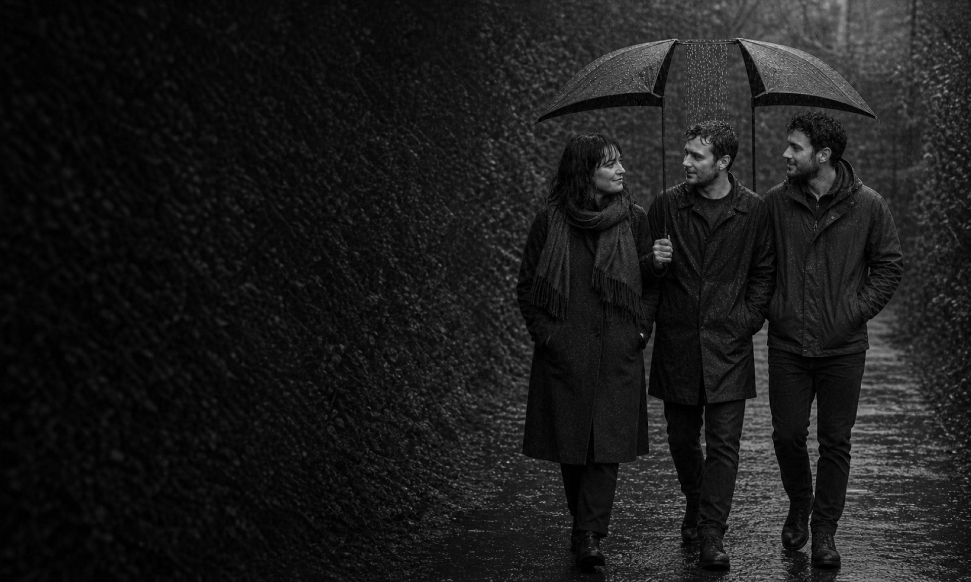Three people walk arm in arm along a rainy street under a single umbrella. The man in the middle is holding it over the other two and is himself in the rain.