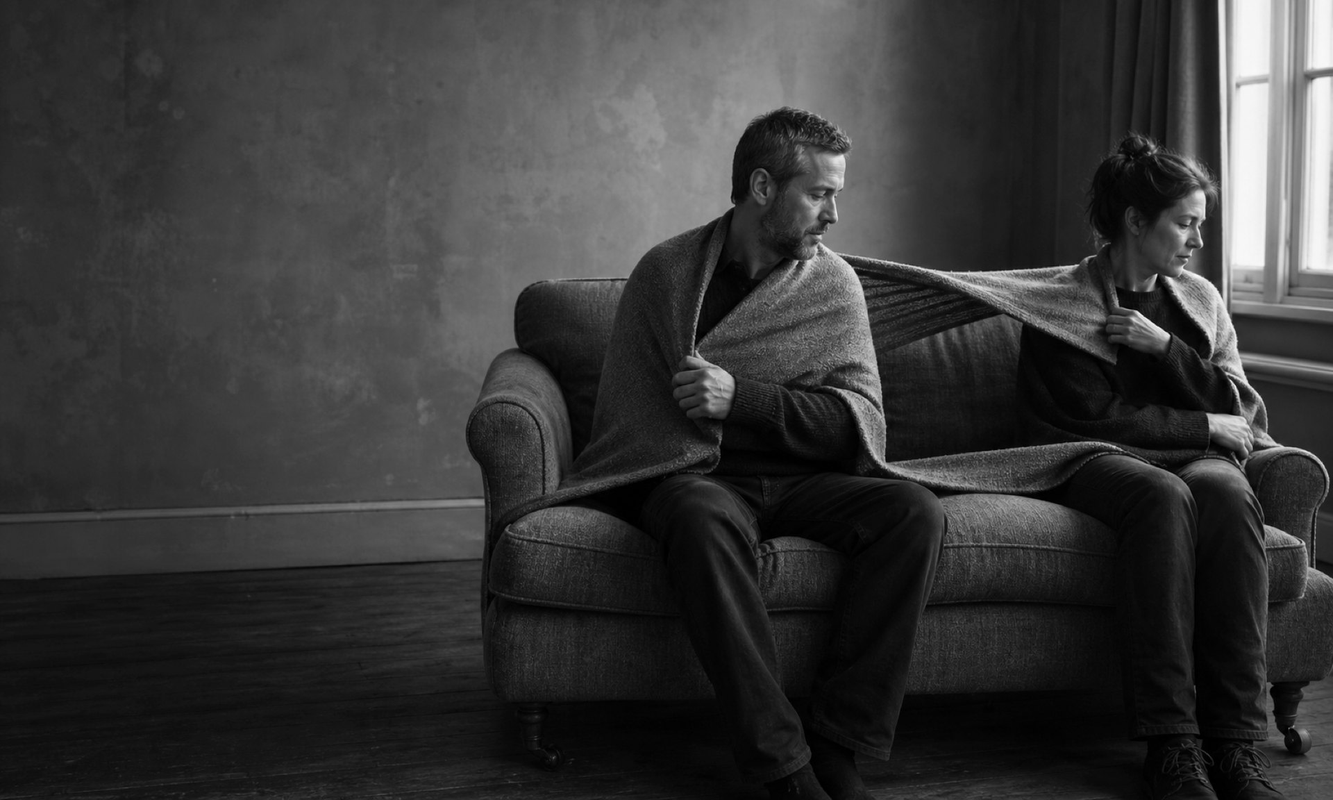 A man and a woman sit at either end of a sofa, facing away from each other. One blanket is wrapped round both of them, each pulling an end over their own shoulder, so it stretches taut across the gap.