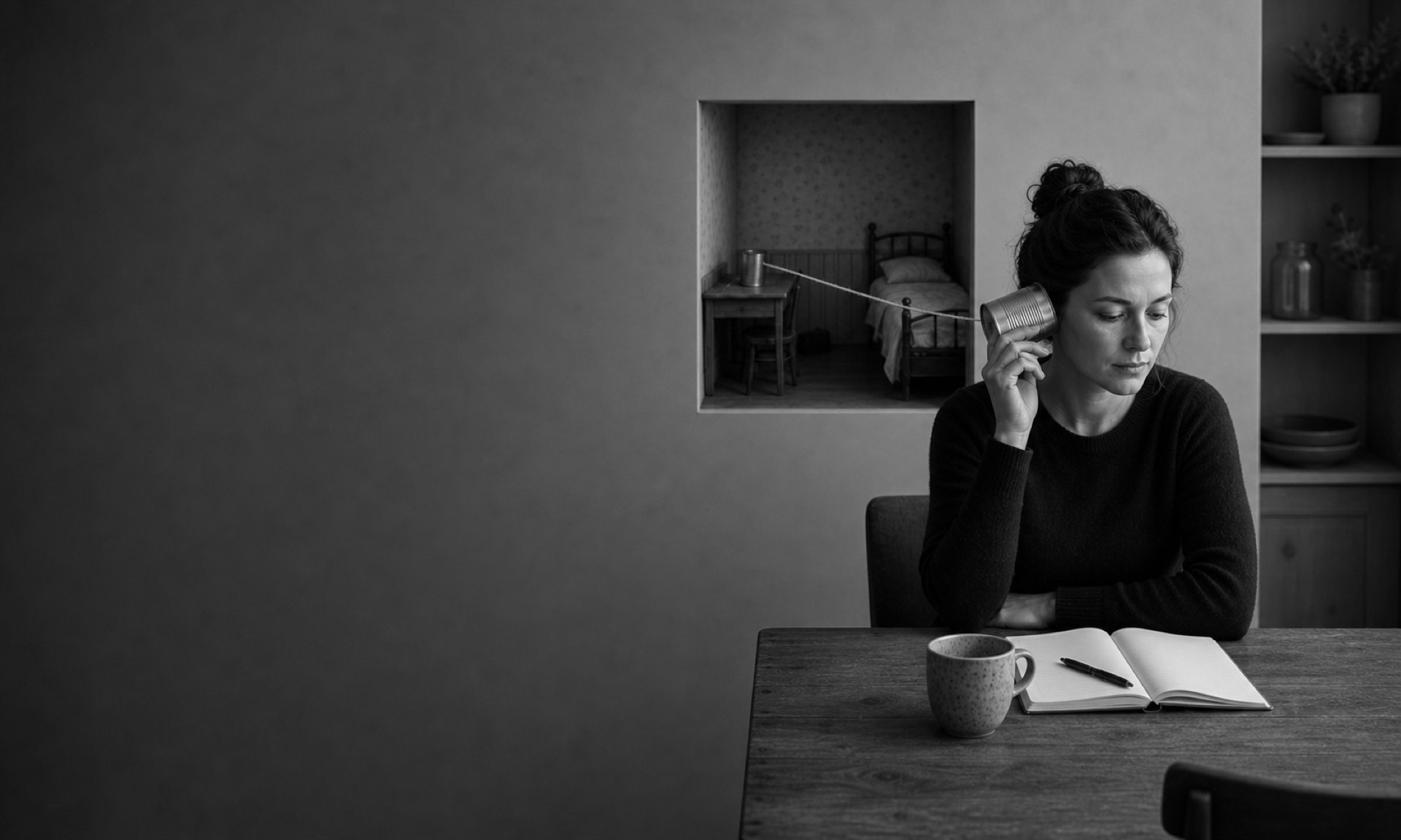 A woman sits at a kitchen table with a notebook and a mug, holding a tin can to her ear. Its string runs to a small lit room set into the wall behind her, where a second tin can stands on a table beside a child's bed.