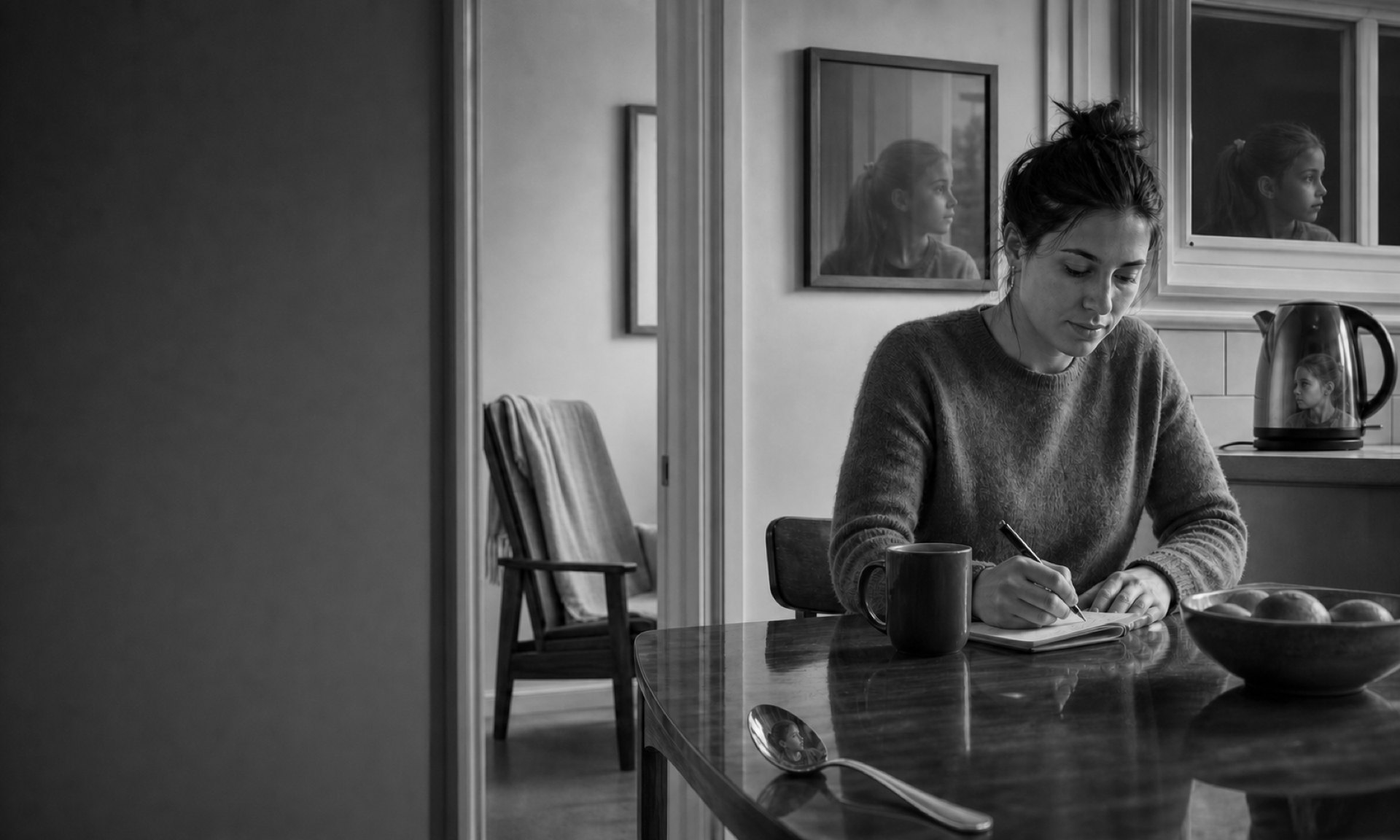 A woman writes at a kitchen table beside a kettle and a bowl of fruit. In the window and the framed picture behind her, a girl looks in from outside.