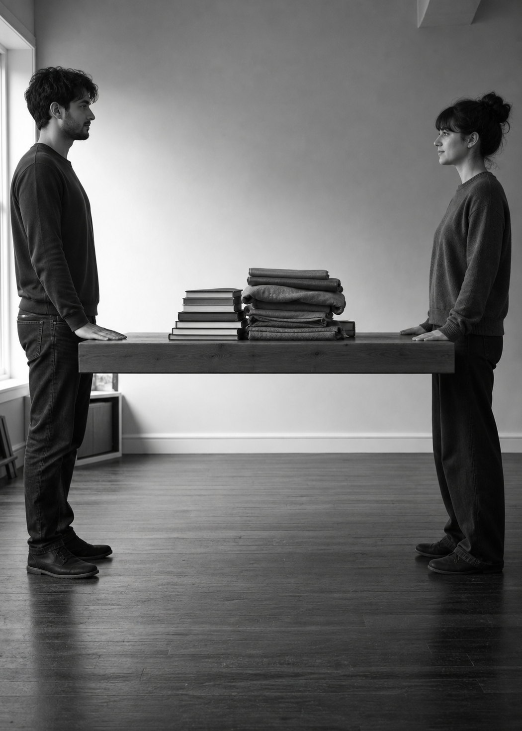 Two people standing either end of a heavy table, holding it level between them with one hand each, its legs clear of the floor.