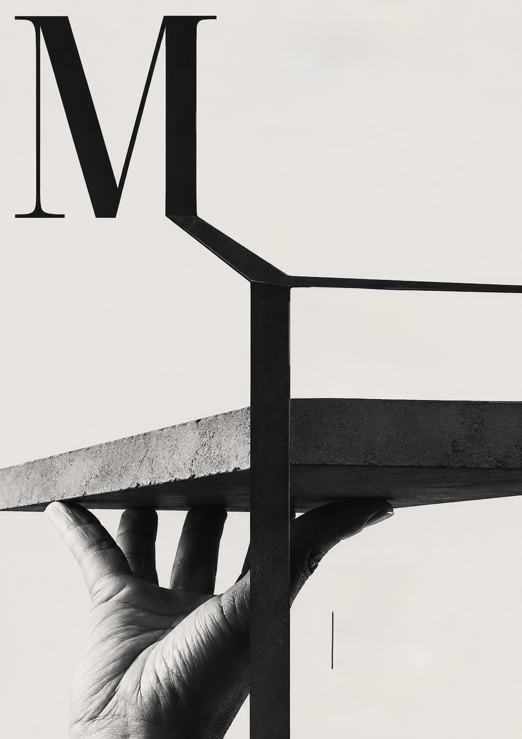 A hand reaching up to support the underside of a heavy concrete slab beneath a monumental serif letter M &mdash; the relationship taking the weight.