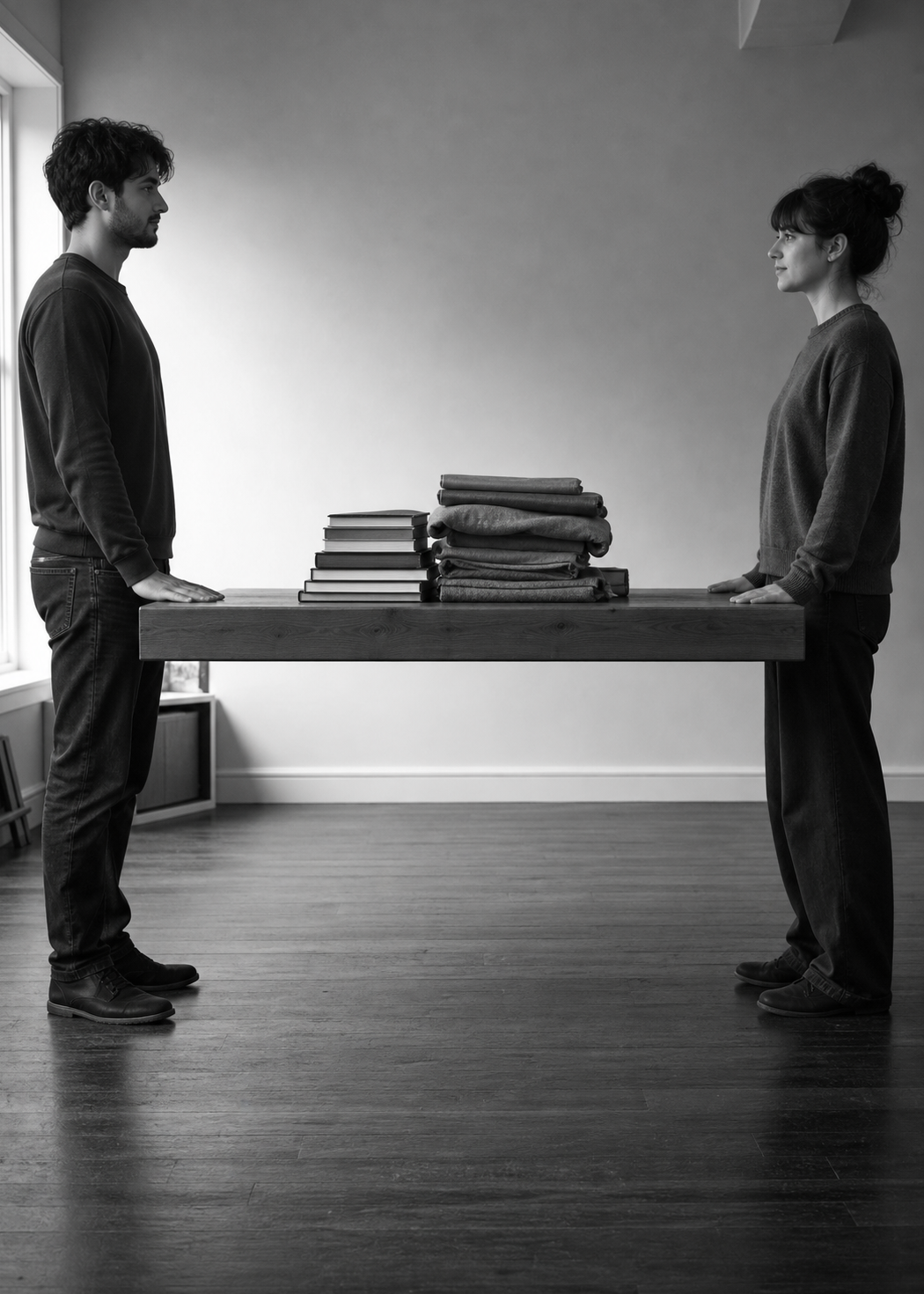 Two people standing either end of a heavy table, holding it level between them with one hand each, its legs clear of the floor.