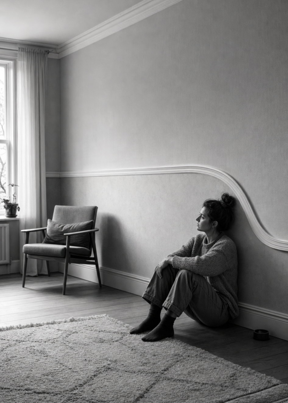 A person sitting on the floor against the wall of a quiet room; the picture rail curves down to meet them where they are.