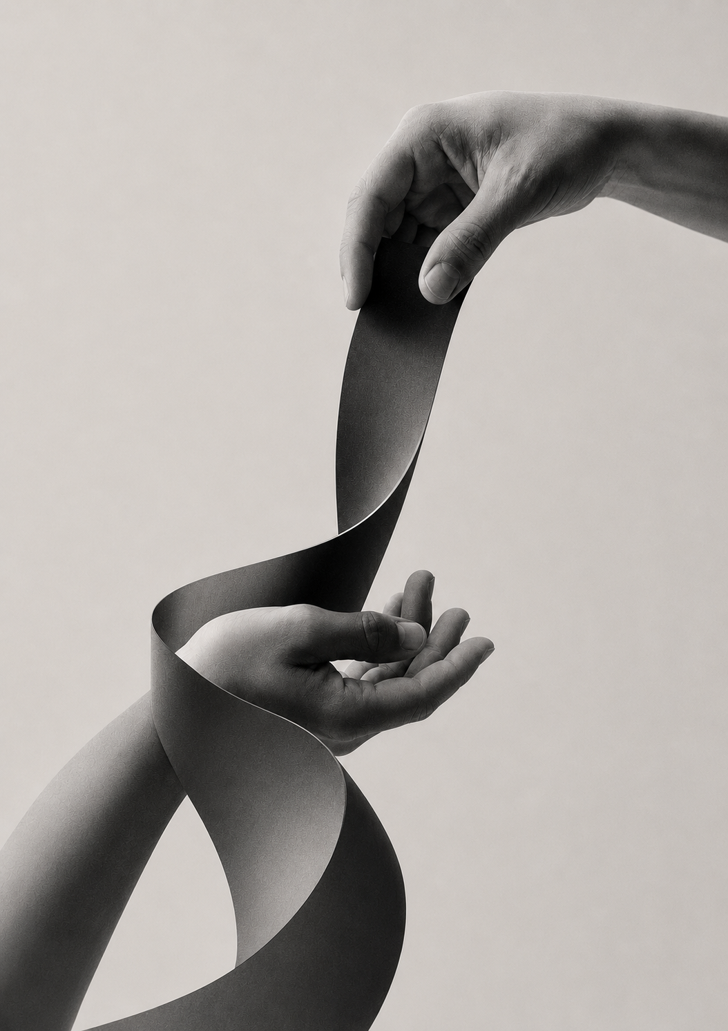 Two hands and a curling ribbon passing between them &mdash; a steadiness that stays present and containing.