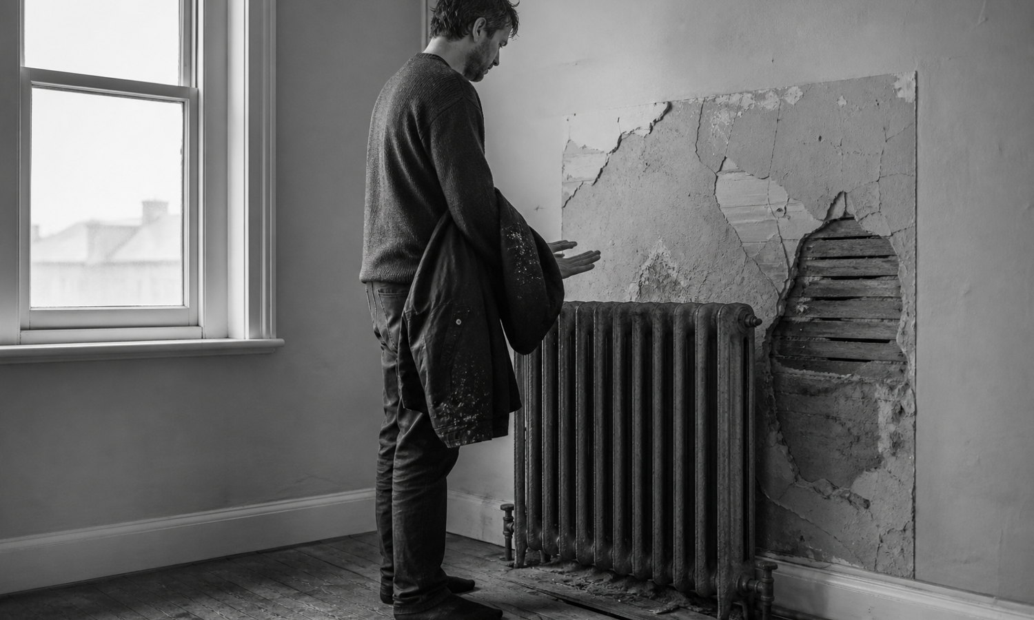 A man warms his hands over a working cast-iron radiator while cracked plaster, exposed lath and split floorboards show the damage behind it.