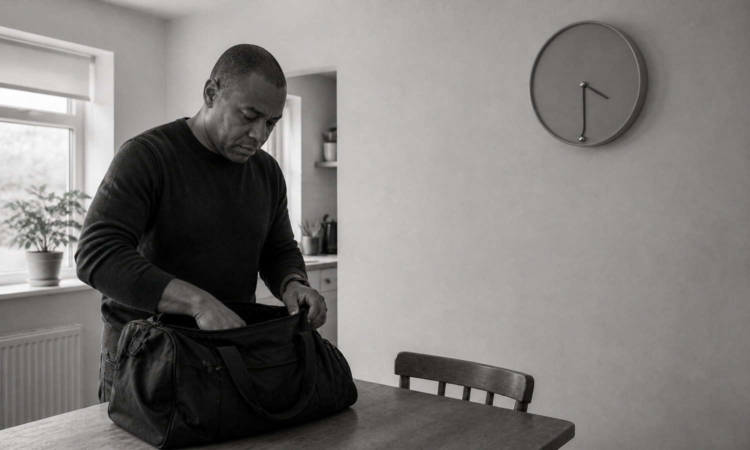 A clean-shaven man packs an open holdall on a kitchen table beside a plain wall clock whose minute hand bends around a fixed stop.