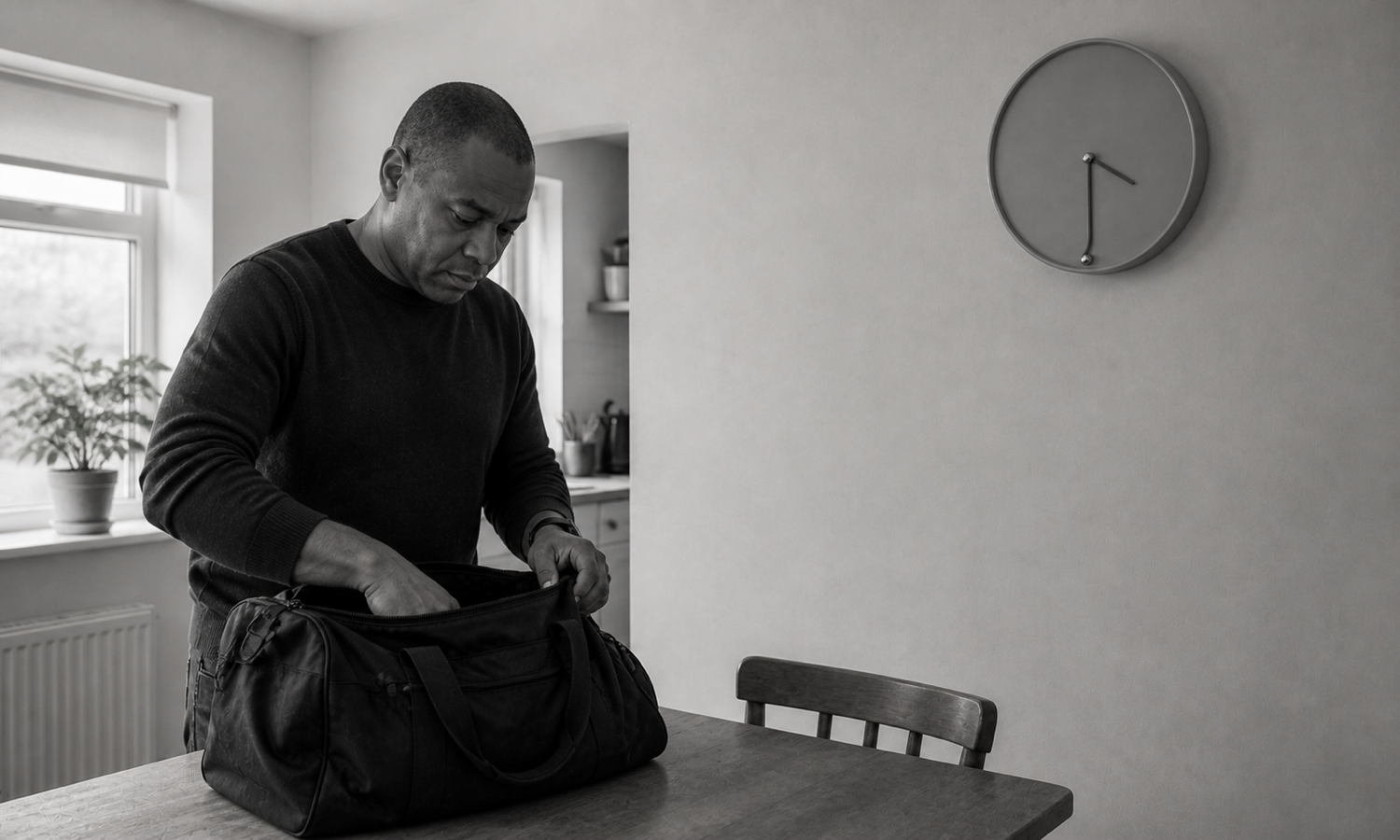 A clean-shaven man packs an open holdall on a kitchen table beside a plain wall clock whose minute hand bends around a fixed stop.