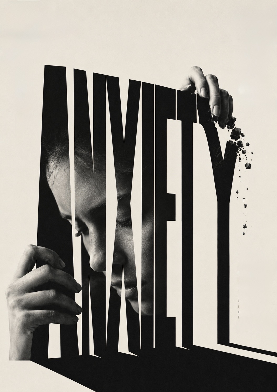 A hand holding up the monumental word ANXIETY like a mask over a downturned face, its final letters crumbling away to dust between the fingers.