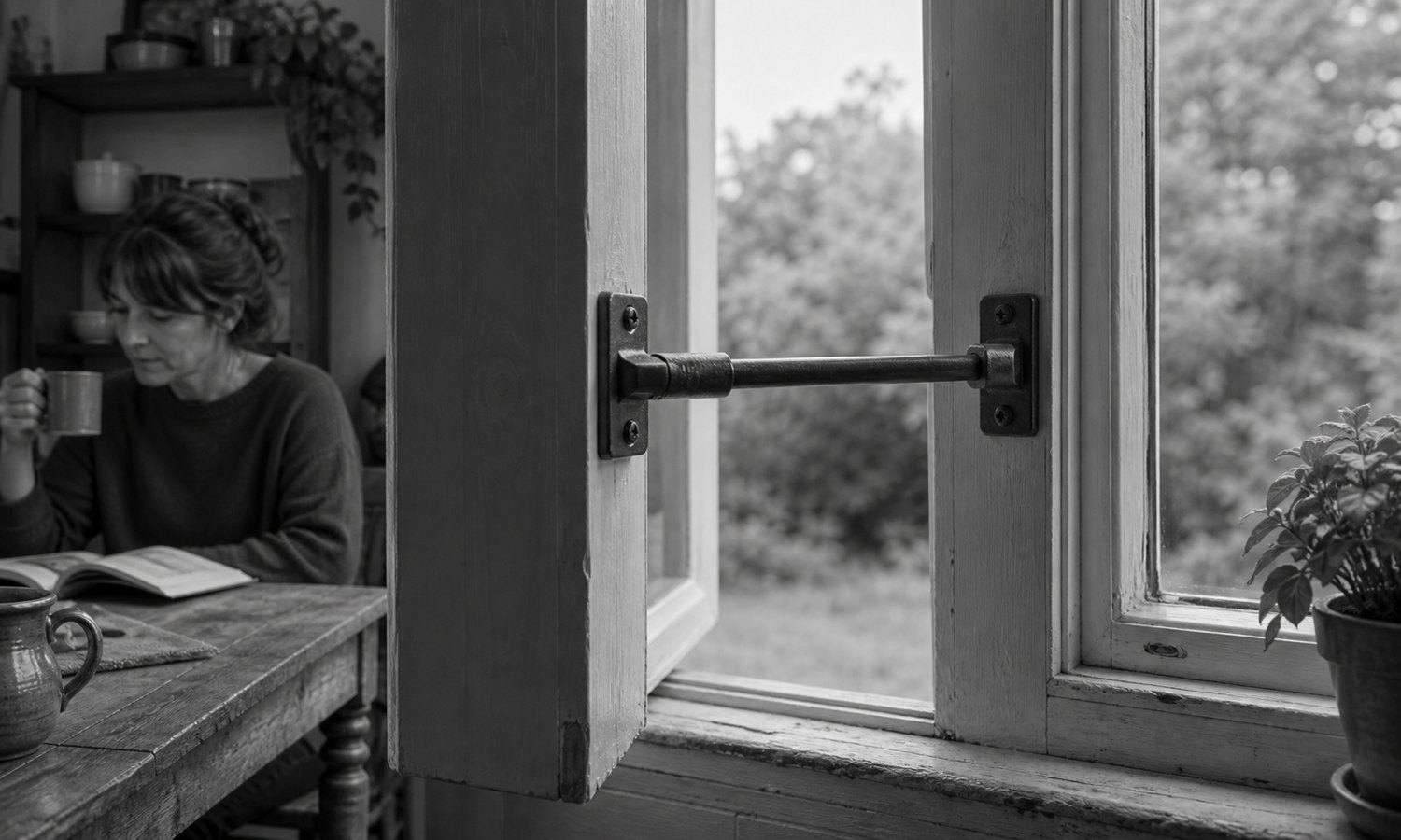 A woman reads calmly beneath an open casement window whose rigid iron bolt remains locked across the empty gap between sash and frame.