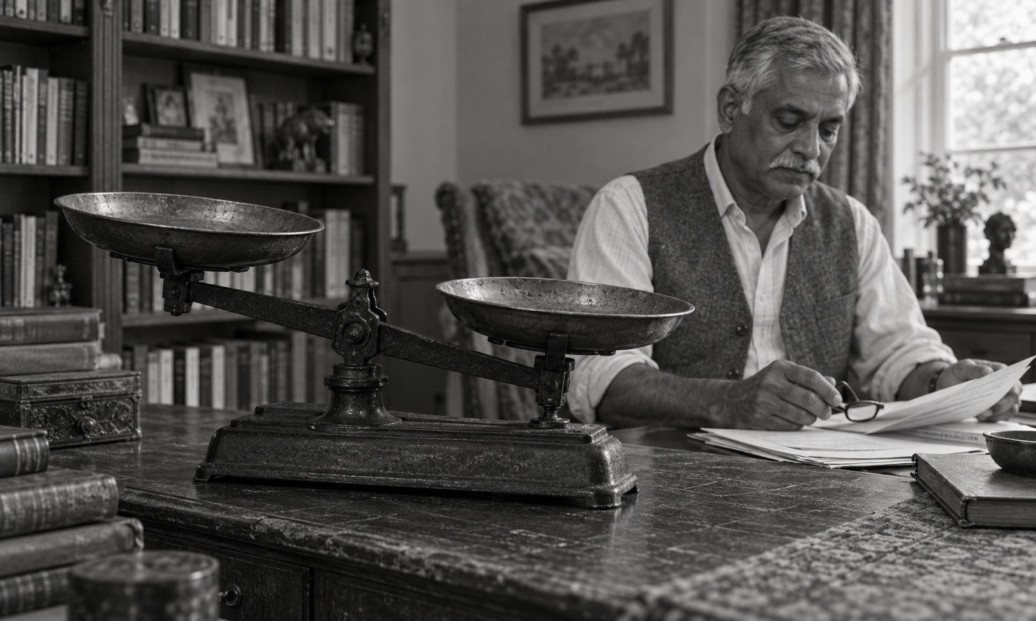 An older South Asian man works with papers in a book-lined study beside an old cast-iron balance scale whose two empty pans remain firmly tipped.