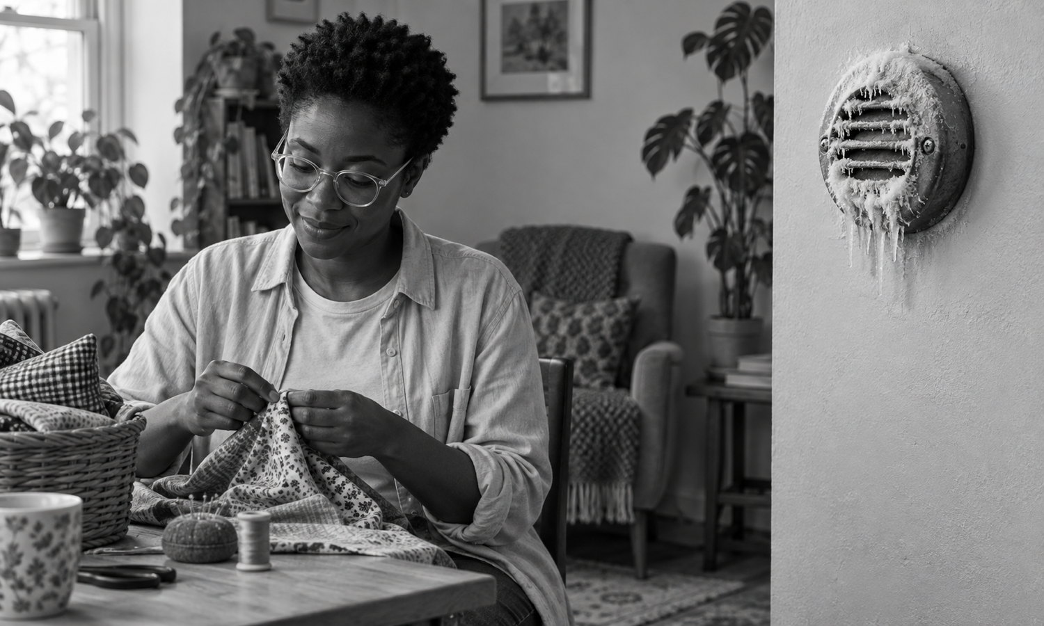 A young Black woman sews in a warm living room beside a small old wall sensor whose grille alone is densely frosted and iced.