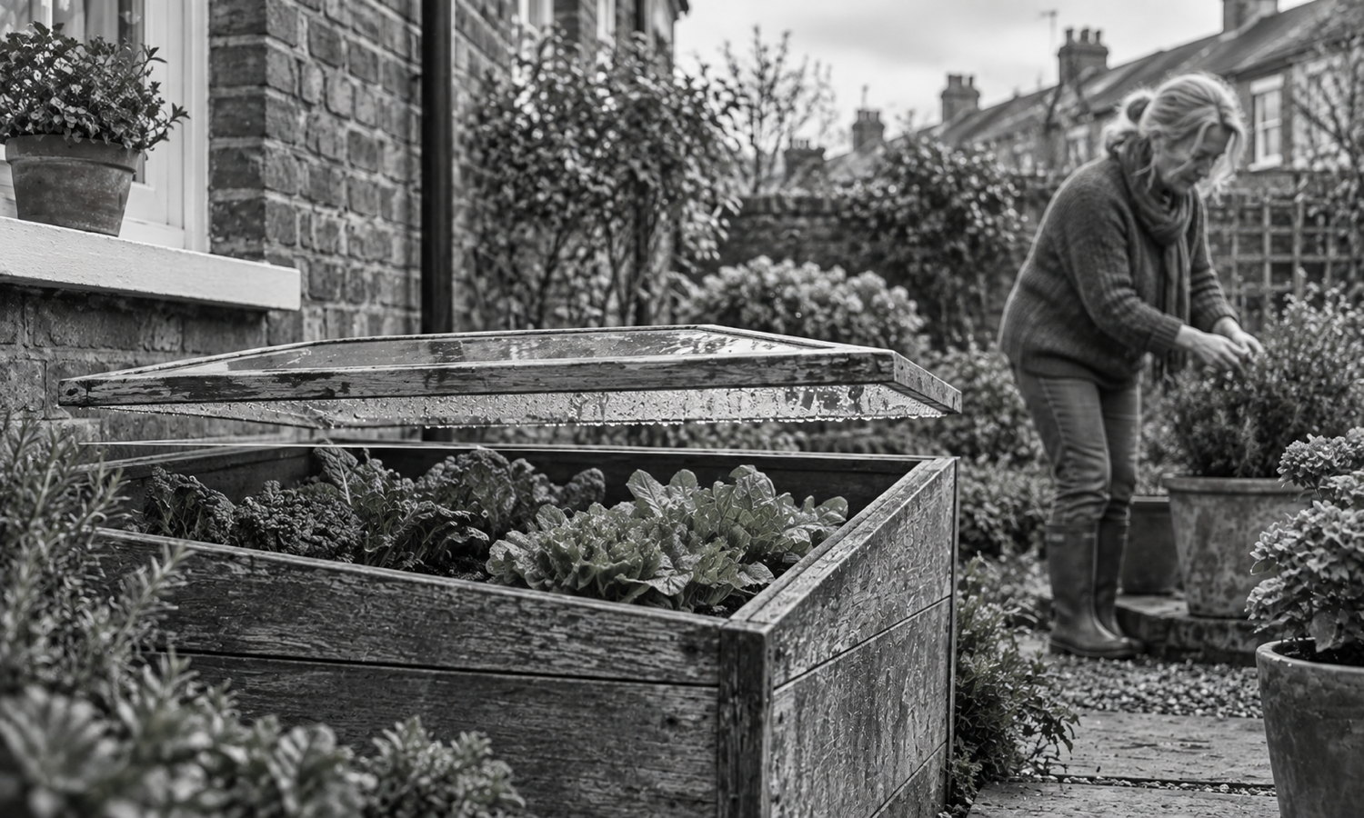 A woman tends a terraced-house garden beside a weathered cold frame whose detached glazed lid hovers level above healthy leaves, leaving open air on every side.