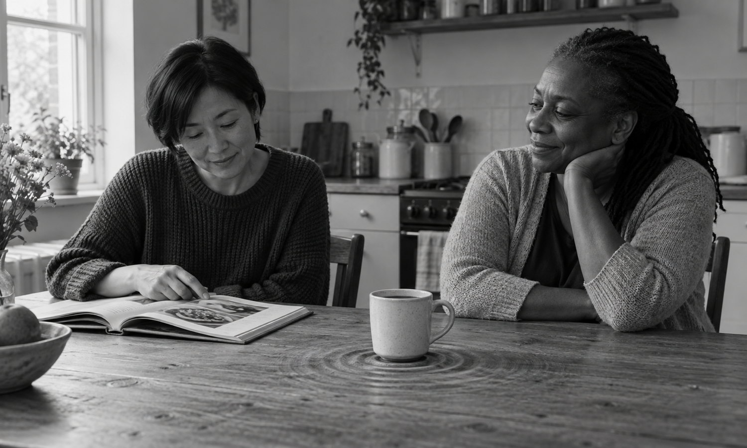 Two women look through an open book at a wooden kitchen table, with a ceramic mug resting within concentric ripples formed in the solid tabletop.