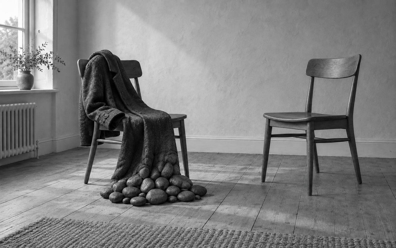 Two wooden chairs face each other in a sunlit room. A coat lies over one chair, and at its hem the cloth has become a heap of smooth stones.