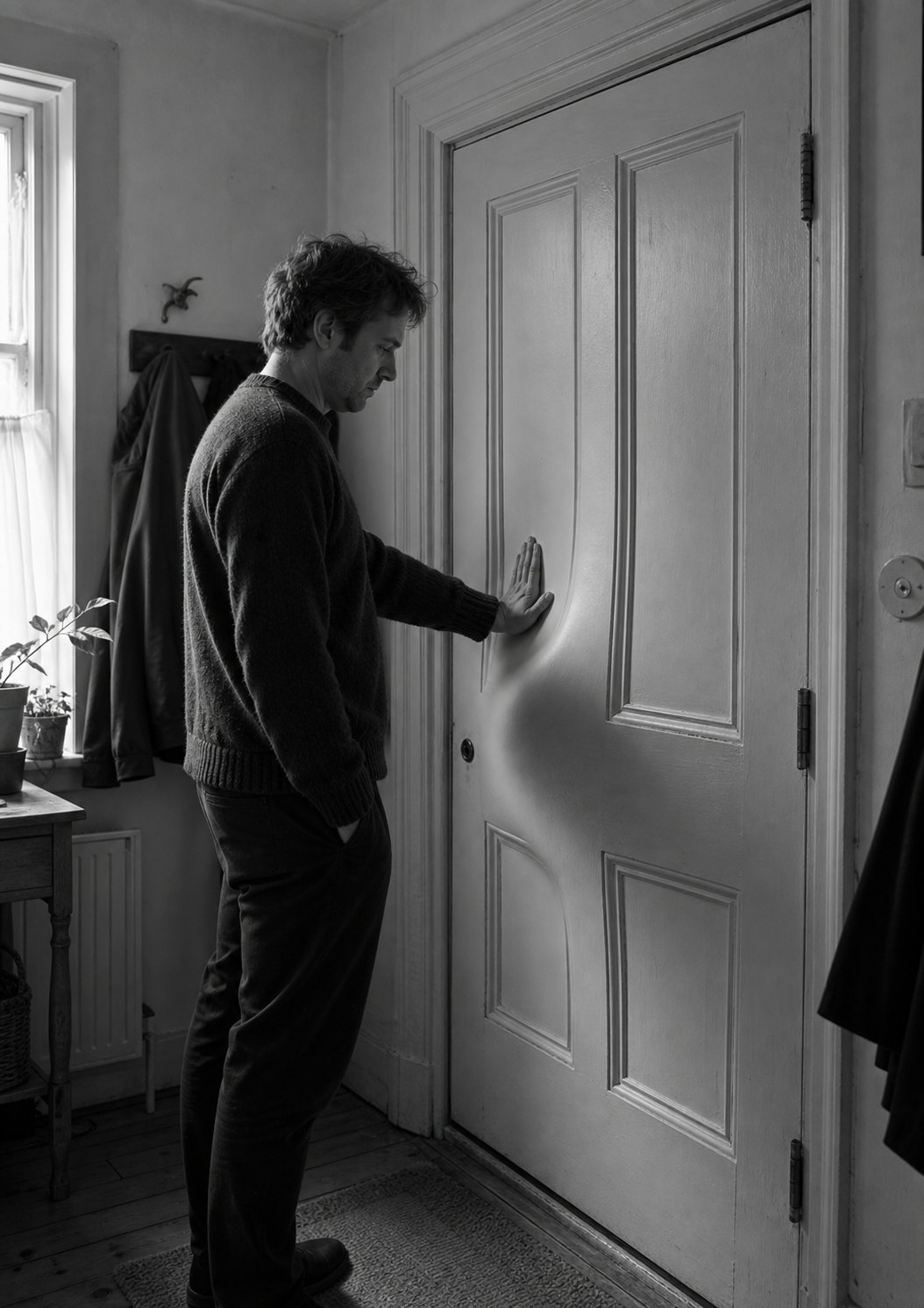A woman holds a door closed with her shoulder and both hands, though nothing is pushing against it.