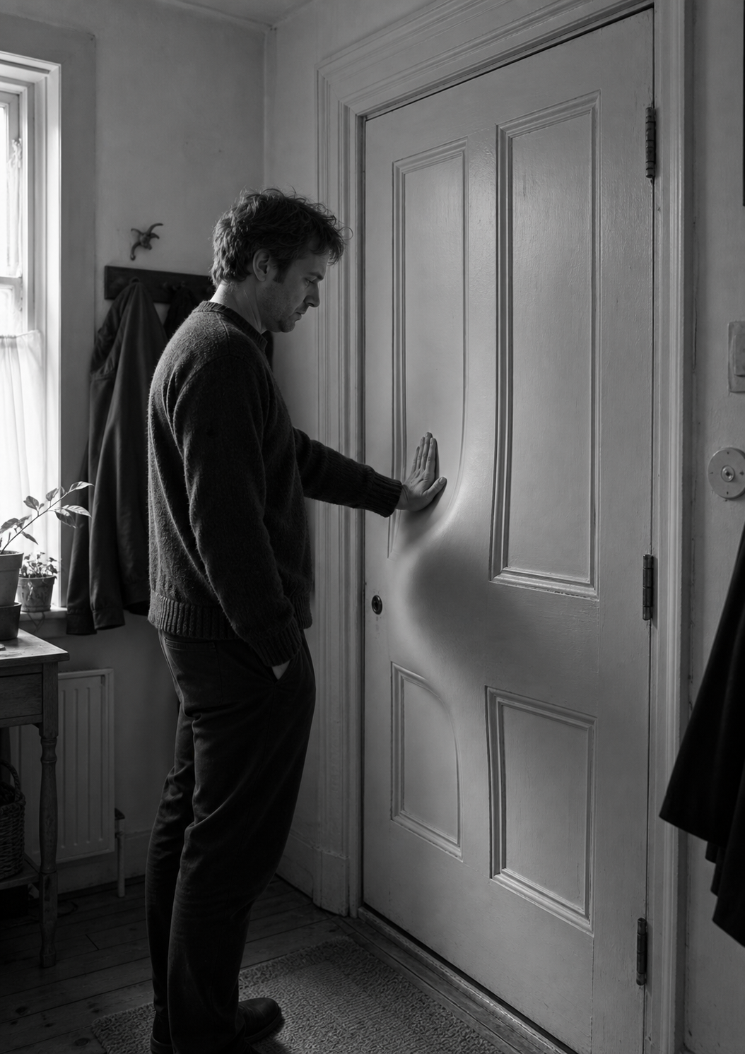 A woman holds a door closed with her shoulder and both hands, though nothing is pushing against it.