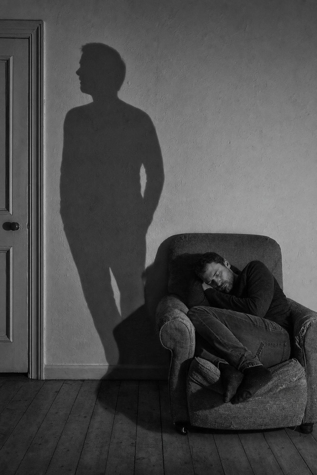 A darkened room at night where the shadow of a sleeping figure remains sitting upright, still keeping watch.