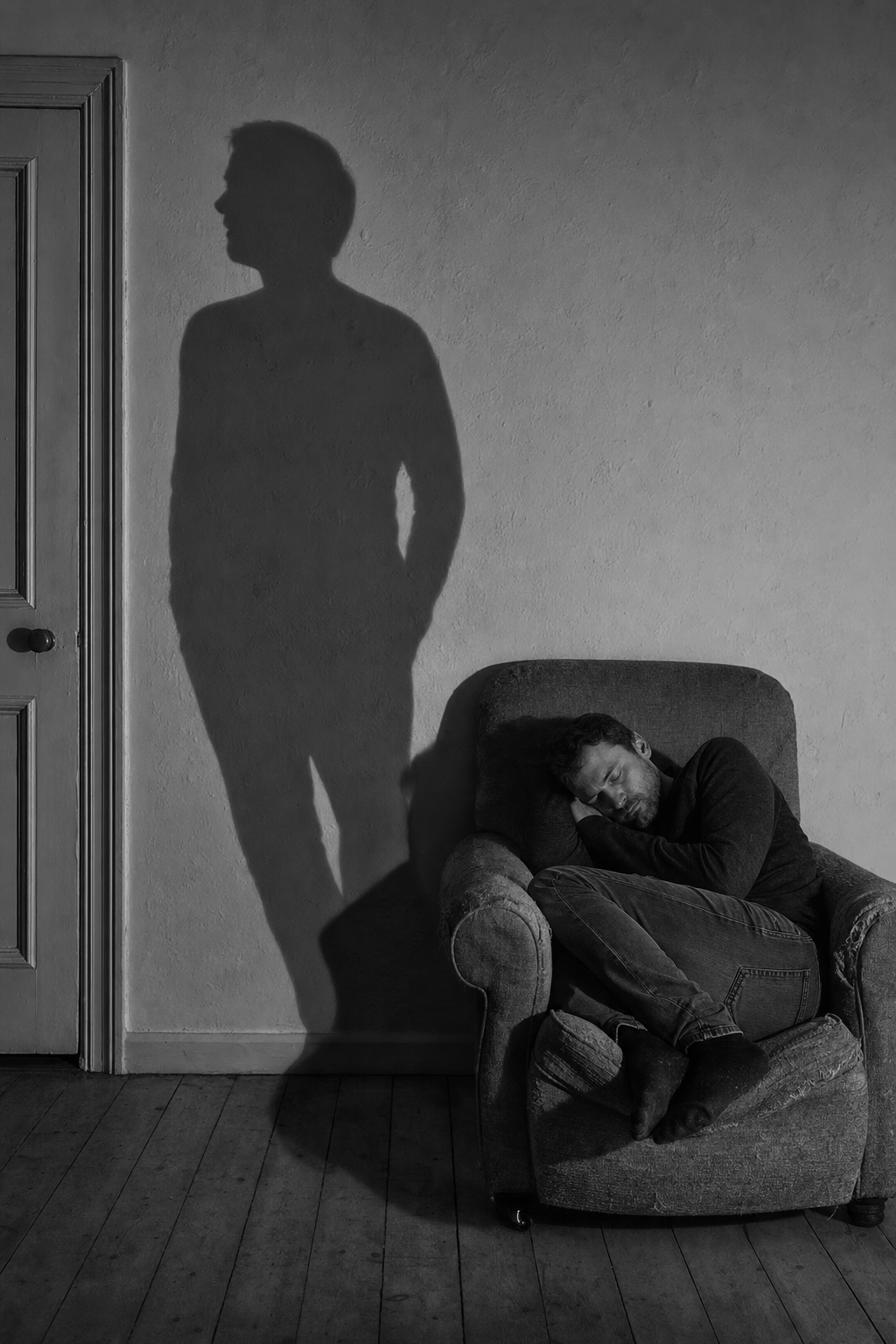 A darkened room at night where the shadow of a sleeping figure remains sitting upright, still keeping watch.