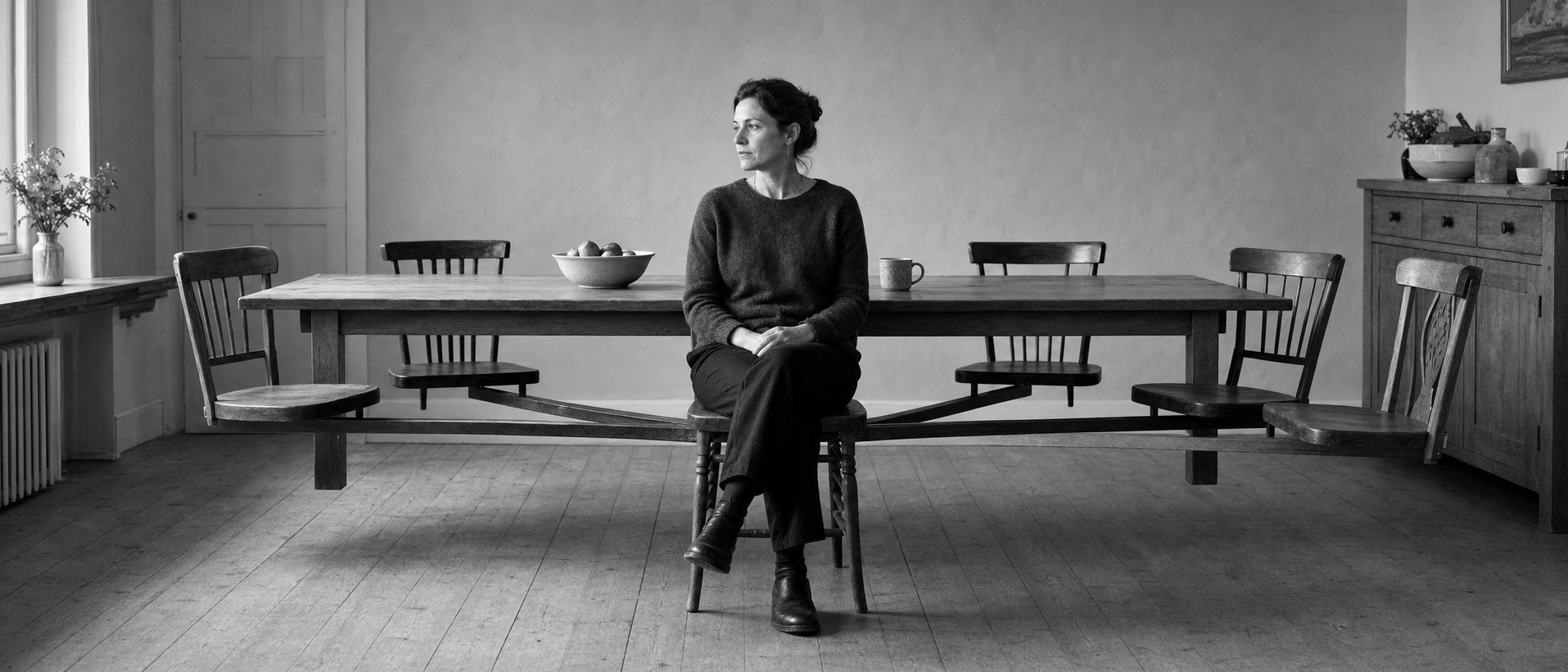 A room of empty chairs where a single seat carries the compression of everyone who might sit down.