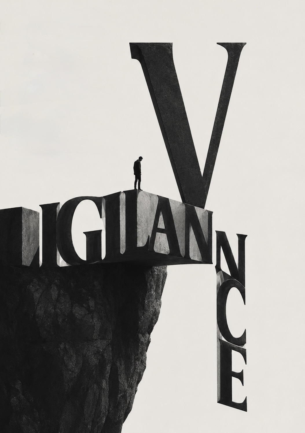 A lone figure standing on the crumbling cliff-edge of the monumental word VIGILANCE, its final letters breaking away and falling into the void.