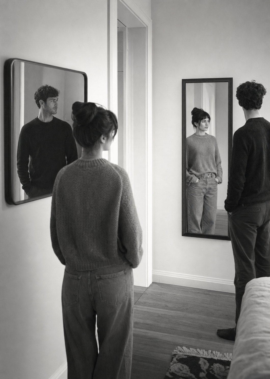 Two people facing separate mirrors in a hallway; each mirror returns the other person rather than the one standing before it.