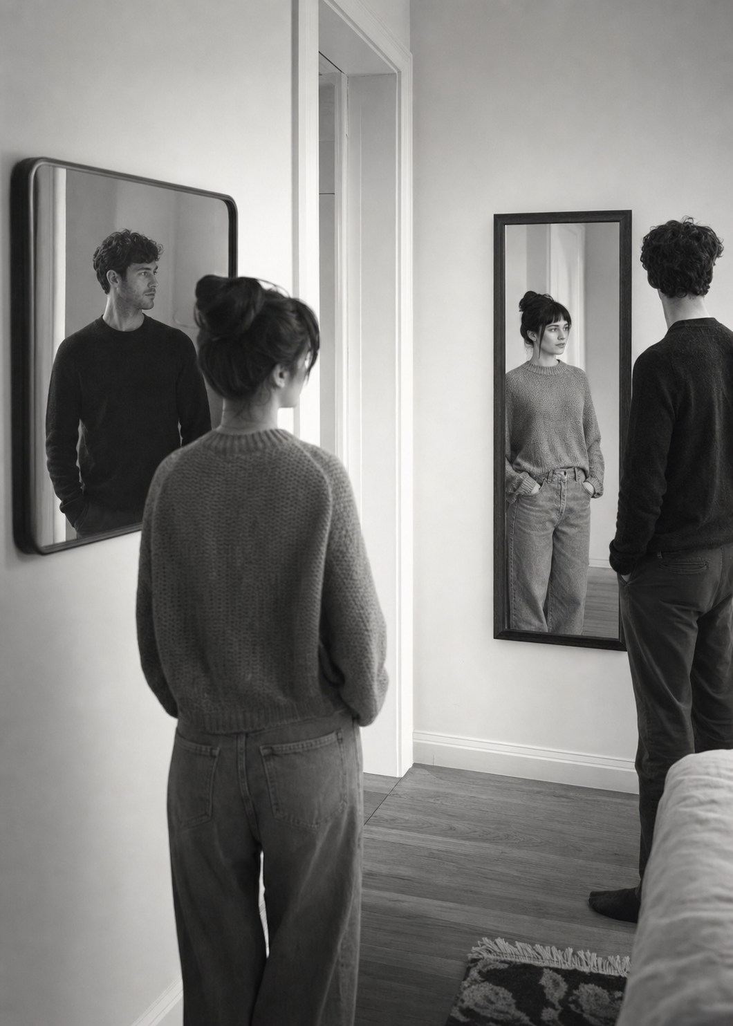 Two people facing separate mirrors in a hallway; each mirror returns the other person rather than the one standing before it.