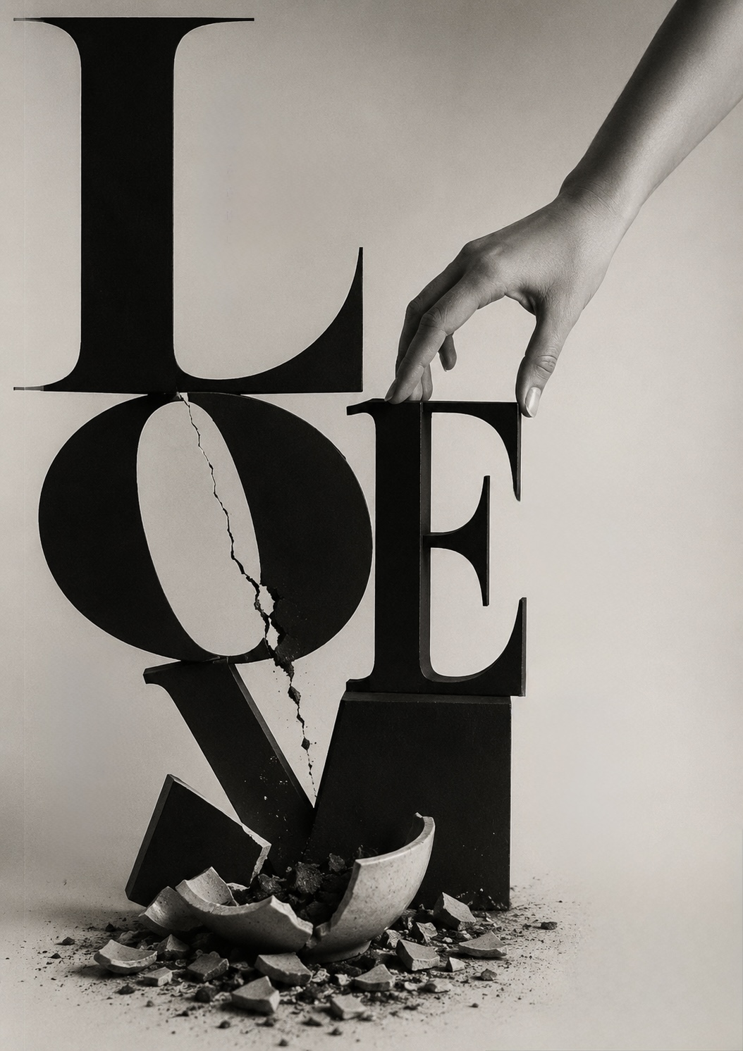 A hand lifts a letter from the monumental word LOVE as its base cracks and shatters into fragments on the ground — grief is the form love takes when what it was attached to is gone.