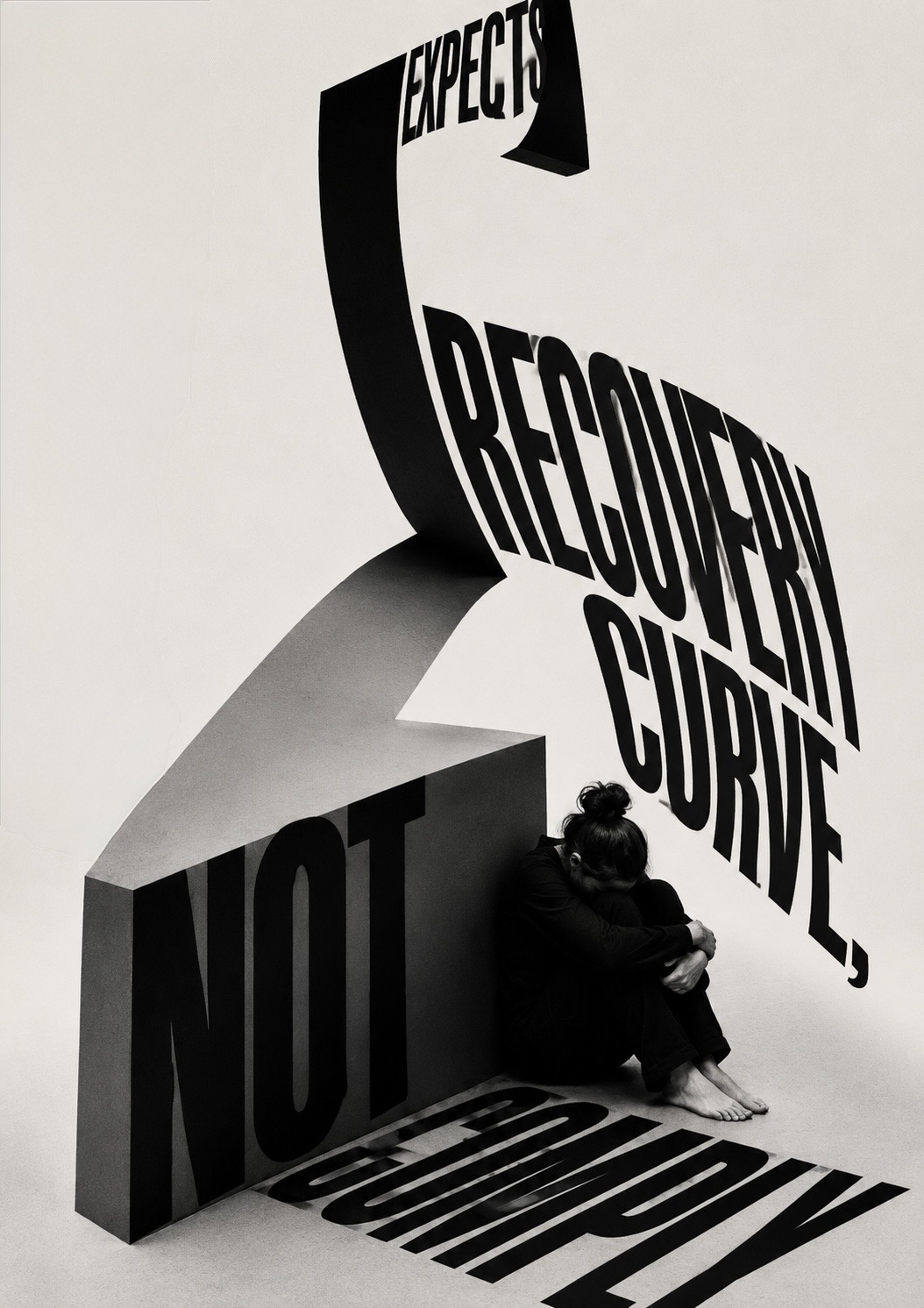 A monumental sculptural word RECOVERY CURVE arcs and collapses over the word NOT while a grieving figure sits curled at its base — the world expects a recovery curve, and yours does not comply.