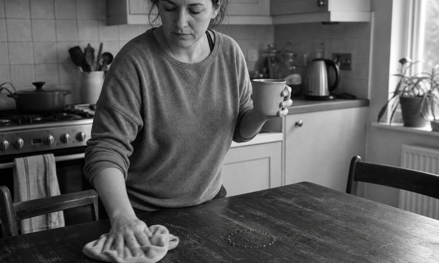 A woman holds a plain mug above a dark wooden table while wiping beside a complete ring of water droplets that has reappeared on the cleared surface.