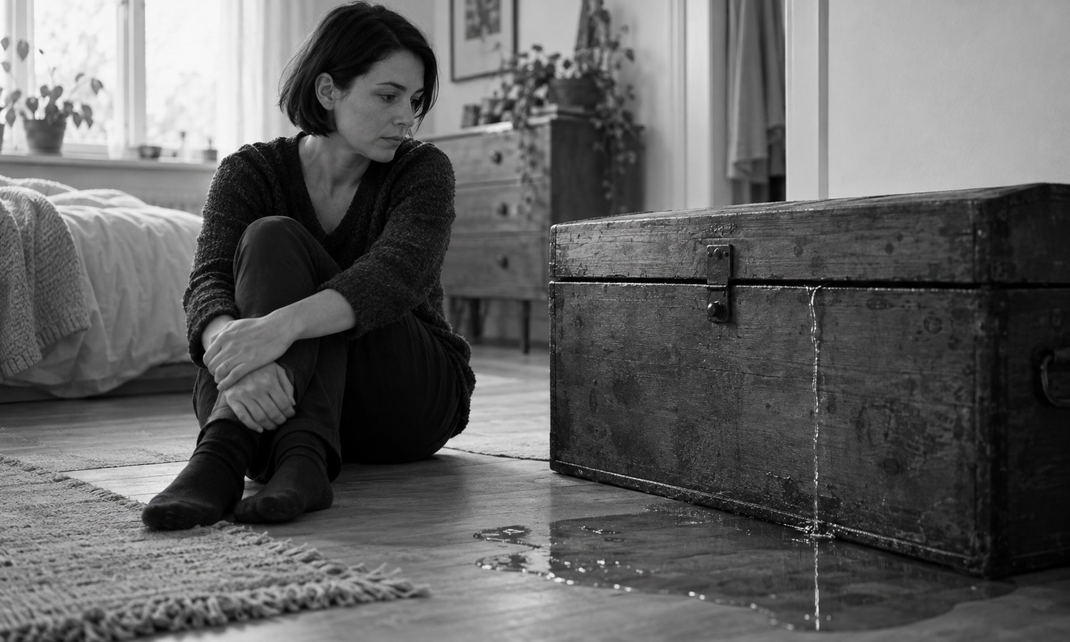 Water escapes a closed wooden chest beside a seated woman.