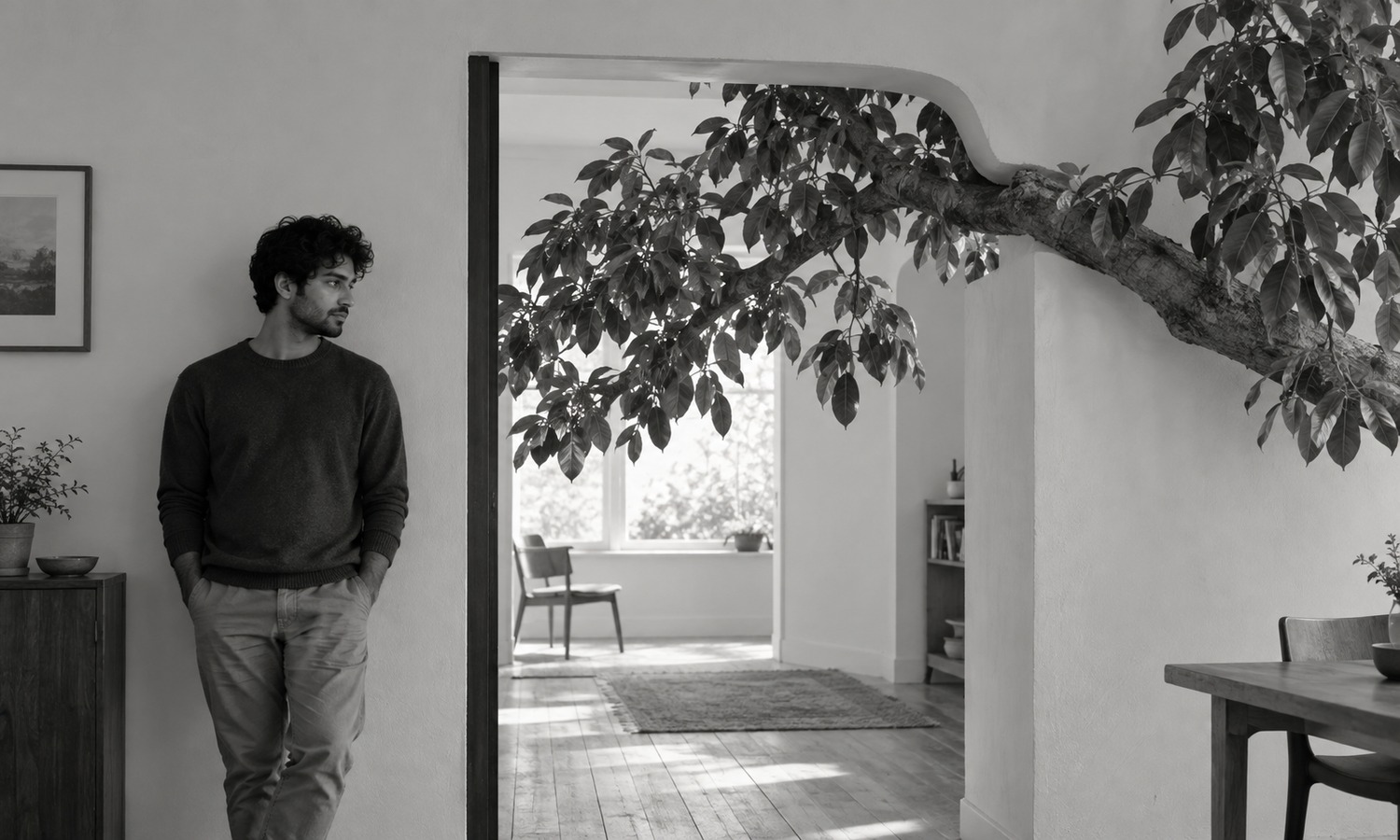 A doorway makes room around a leafy branch beside a man.