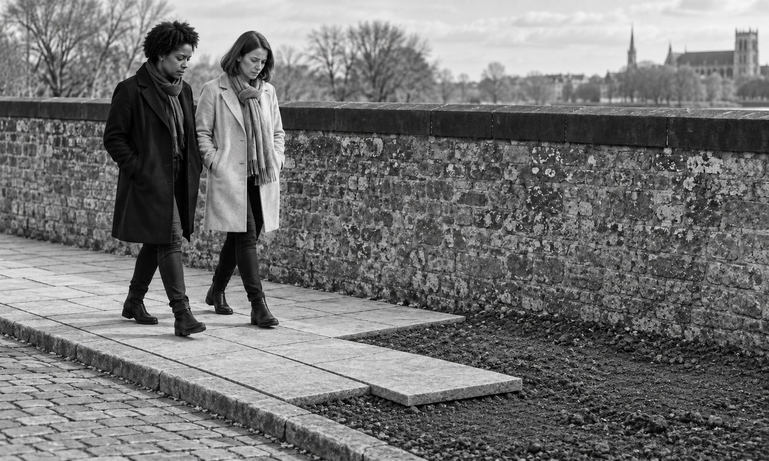 Two women walk slowly together along a riverside path where the paving ends, and a single flat slab settles into the bare earth just ahead of their next step.