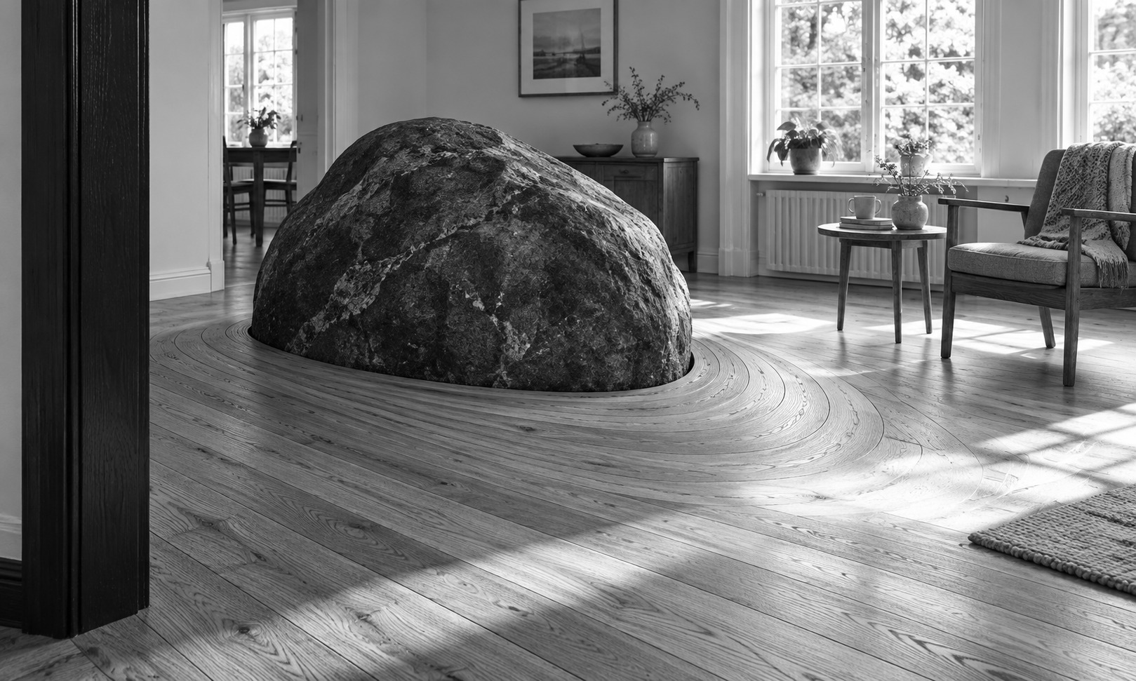 A living room with a large boulder in the floor. The floorboards curve around it in rings.