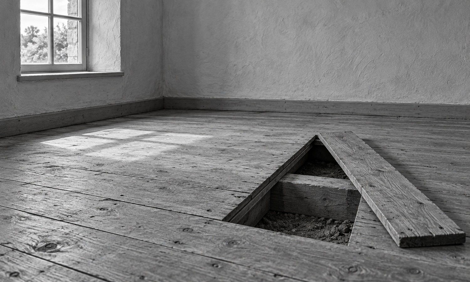 A plain room with one floorboard lifted and leaning beside the opening, showing the thick joist and packed earth the floor rests on.
