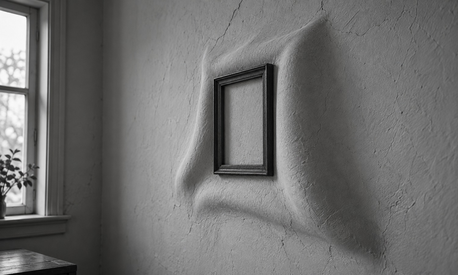A plaster wall folds outward around a small empty picture frame.