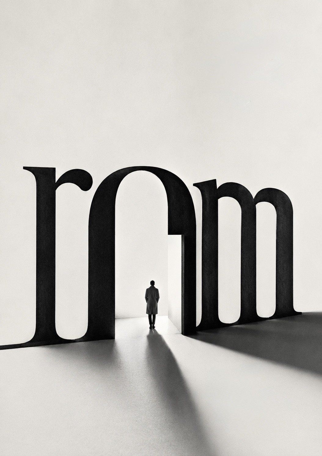 A lone figure walks through a doorway formed by the monumental letters of the word ROOM — it is simply being felt now, because now there is room.