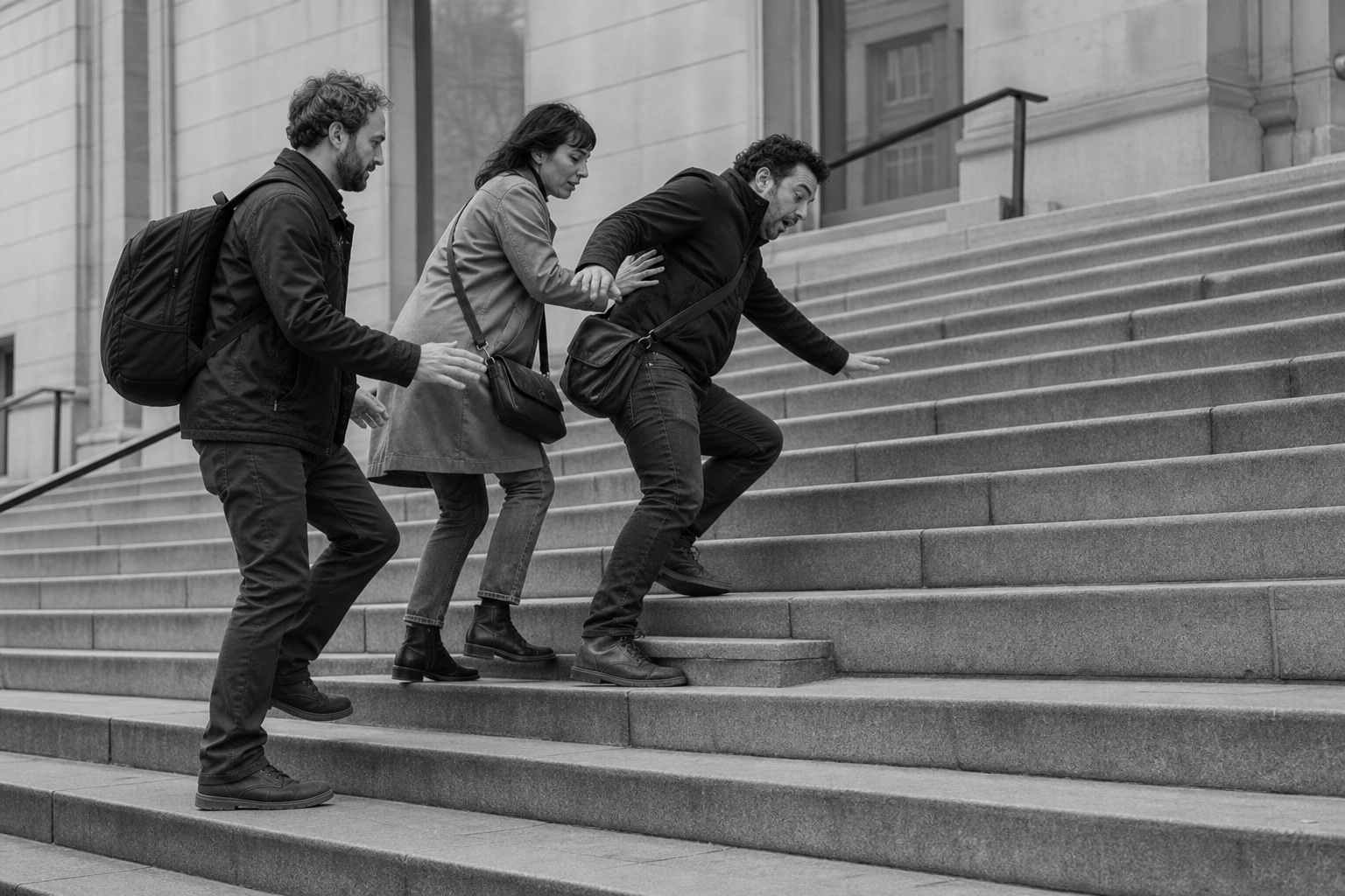 Three people climb a flight of stone steps together; one falters mid-stride and the other two steady him without breaking pace.