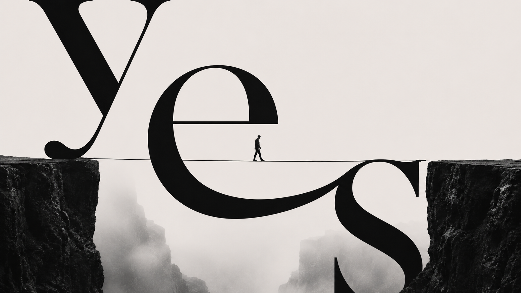 A giant serif word ‘YES’ spanning a chasm as a tightrope, with a small figure walking across it.