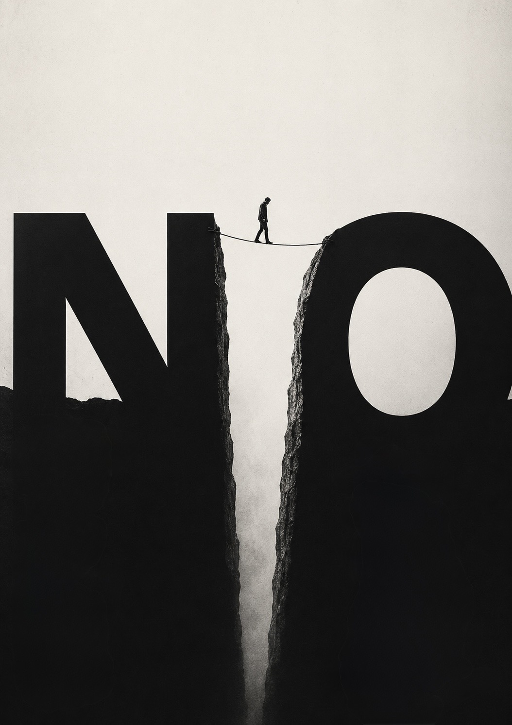 A tiny figure edges along a rope strung across the chasm between the monumental letters of the word ‘NO’ — the boundary that is far harder to cross than the words suggest.